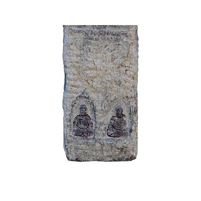 Gray Chinese Distressed Gray Stone Carved Buddhas Display Pole Statue For Sale - Image 8 of 10