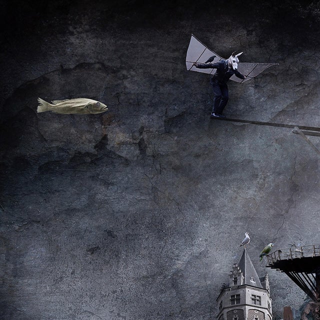 This photographic work presents a surreal tableau featuring a whimsical array of animals and human figures aboard a boat,...