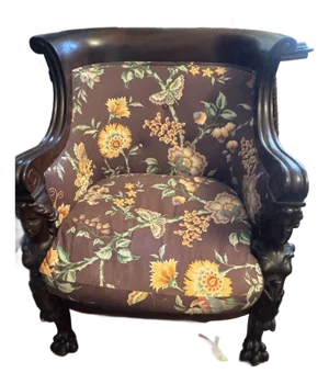 Antique Upholstered Chair With Carved Lady on Arms
