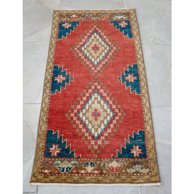 1970s 1970s Distressed Low Pile Turkish Petite Rug Hand Knotted Entry Mat - 20'' X 41'' For Sale - Image 5 of 10