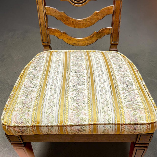 Rare 1966 Thomasville Formal Ladderback Style Dining Chairs Original Yellow Patterned Upholstery For Sale - Image 10 of 16