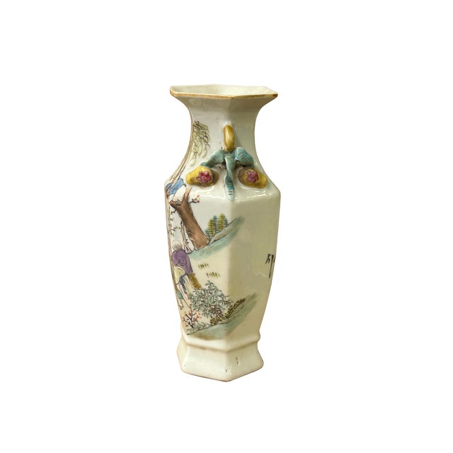 1980s Chinese Scenery Graphic Hexagonal White Porcelain Art Vase 2 For Sale - Image 5 of 17