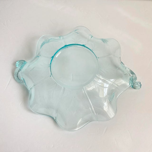 Vintage Fenton Dolphin Glass Aquamarine Blue Handled Dish Etched Bowl Koi Fish Sea Creature For Sale - Image 11 of 13