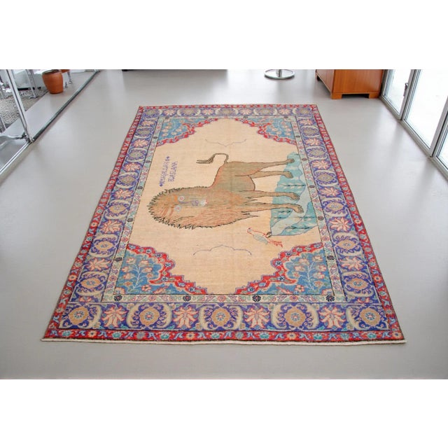Mid-Century Modern 1950s Stunning Mid-Century Anatolian “Lion & Bird” Pictorial Rug | 4'10" X 6'11" For Sale - Image 3 of 14