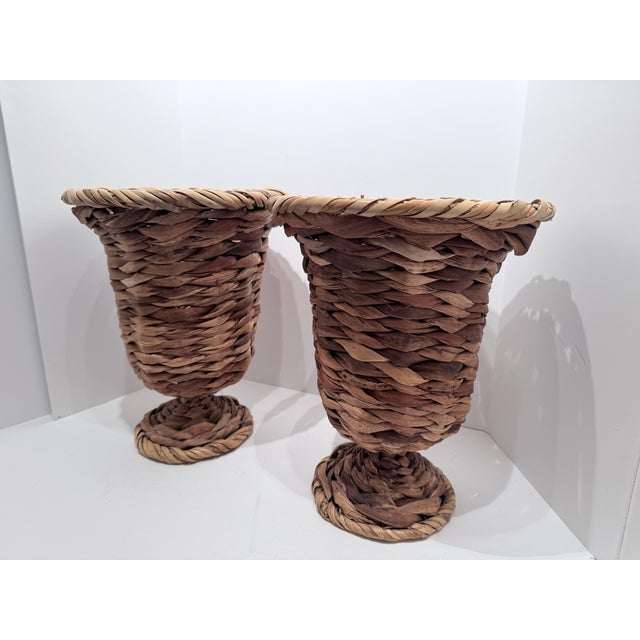 French Country Vintage Pair Woven Wicker Urn Style Pedestal Vases For Sale - Image 3 of 12