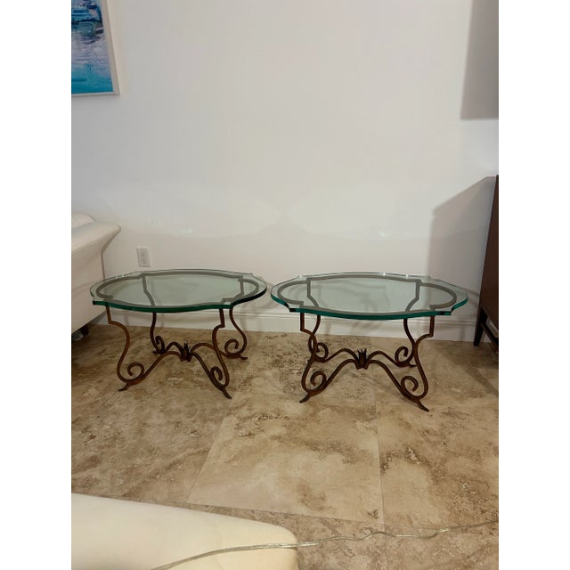 Italian Curly Gilt Iron and Thick Notched Glass Hollywood Regency Side Tables a Pair For Sale - Image 9 of 9