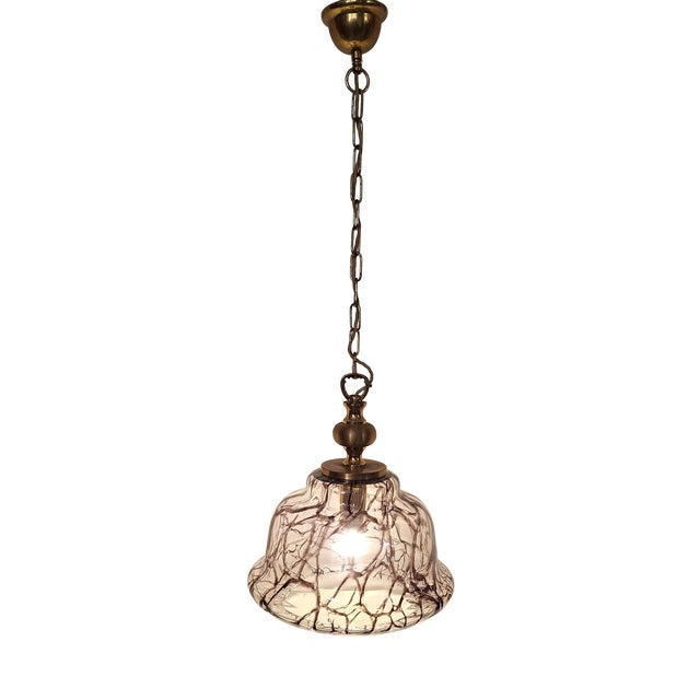 Vintage Ceiling Lamp with Purple-Brown Marbled Clear Glass Shade with on Brass Mount For Sale