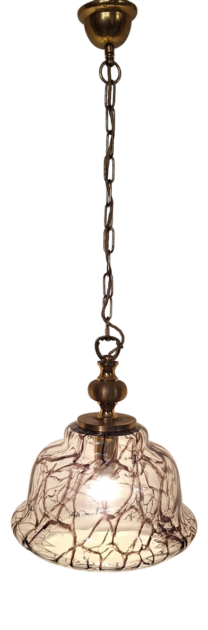 Vintage Ceiling Lamp with Purple-Brown Marbled Clear Glass Shade with on Brass Mount