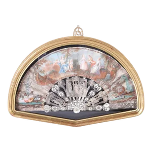 Antique Italian Painted Hand Fan in a Glass Case