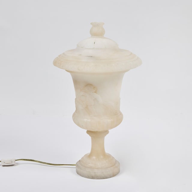 Stone Pair Vintage Italian Small Lidded Urn Alabaster Lamps For Sale - Image 7 of 9