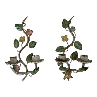 Mid-Century Tole Floral Candle Sconces- a Pair For Sale
