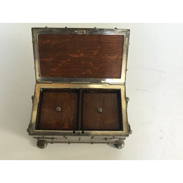Victorian Late Victorian English Oak Silver Plated or Nickel-Plated Double Tea Caddy C. 1880-1900 For Sale - Image 3 of 9