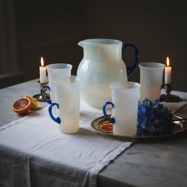 Exceptionally rare Fry Foval opalescent lemonade set produced by the Fry Glass Company of Rochester, Pennsylvania circa...