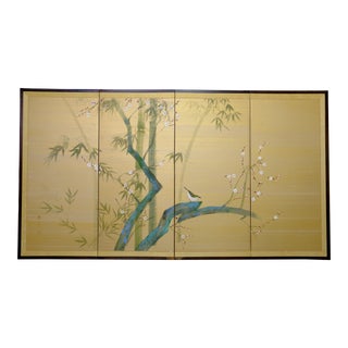 Vintage Japanese Silk Byobu Featuring Nuthatch in Green Back Cherry Tree Hand Signed & Painted 4-Panel Screen For Sale