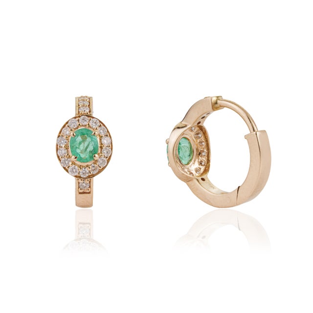 Not Yet Made - Made To Order 14k Yellow Gold Oval Natural Emerald Diamond Halo Hoop Earrings- 2 Pieces For Sale - Image 5 of 14