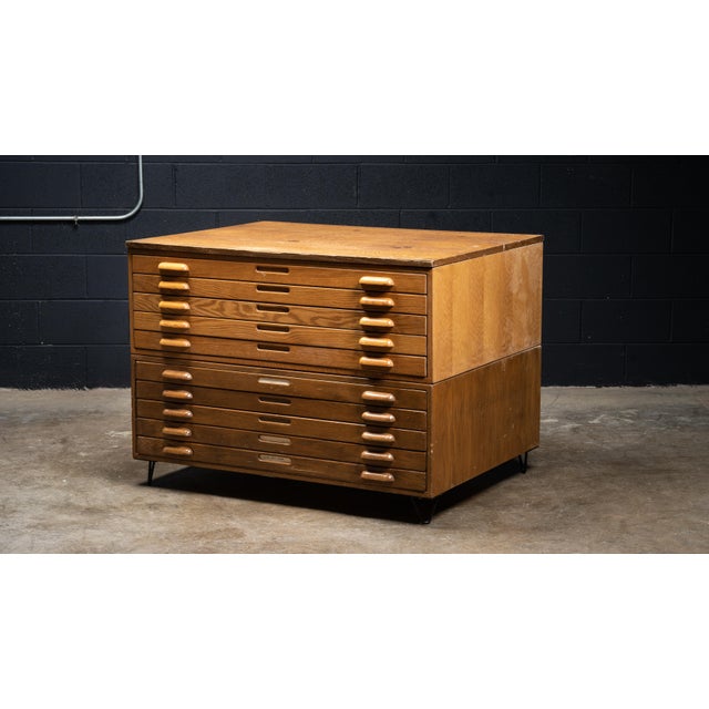 Industrial Antique Double Stack Wooden Flat File Cabinet With Hairpin Legs For Sale - Image 3 of 5