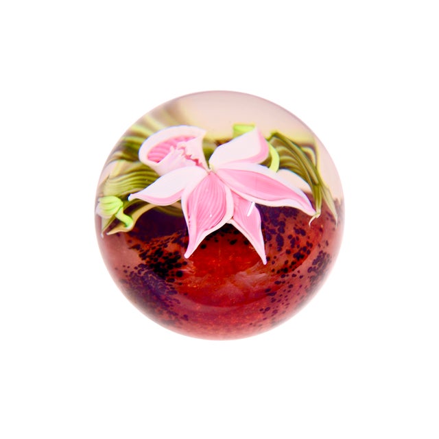 Traditional Vintage Hand Blown Pink Orchid Paperweight For Sale - Image 3 of 5
