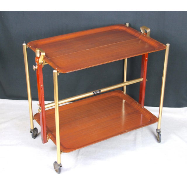 Mid 20th Century Textable, Mid-Century Modern Brass and Wood Folding Serving Cart, France For Sale - Image 5 of 5