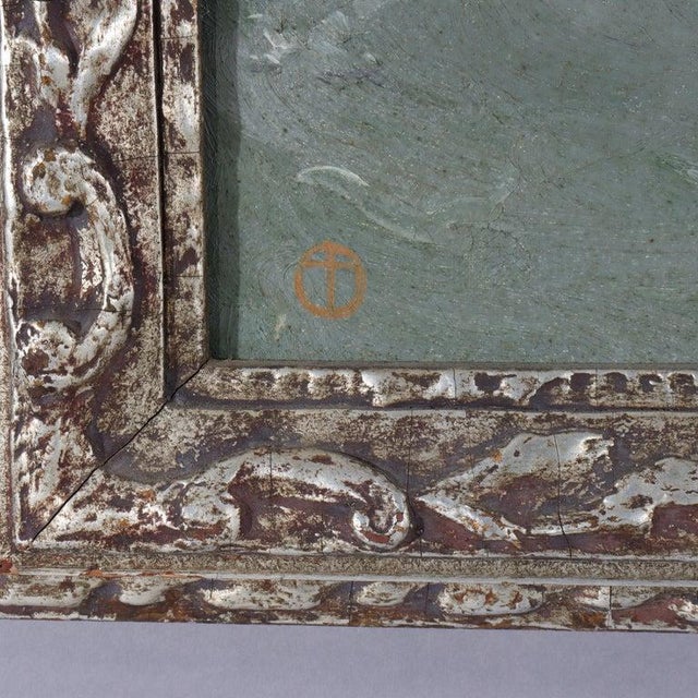 Blue Oil on Canvas Painting of Stormy Seascape in Newcomb Macklin Style Frame C1923 For Sale - Image 8 of 9