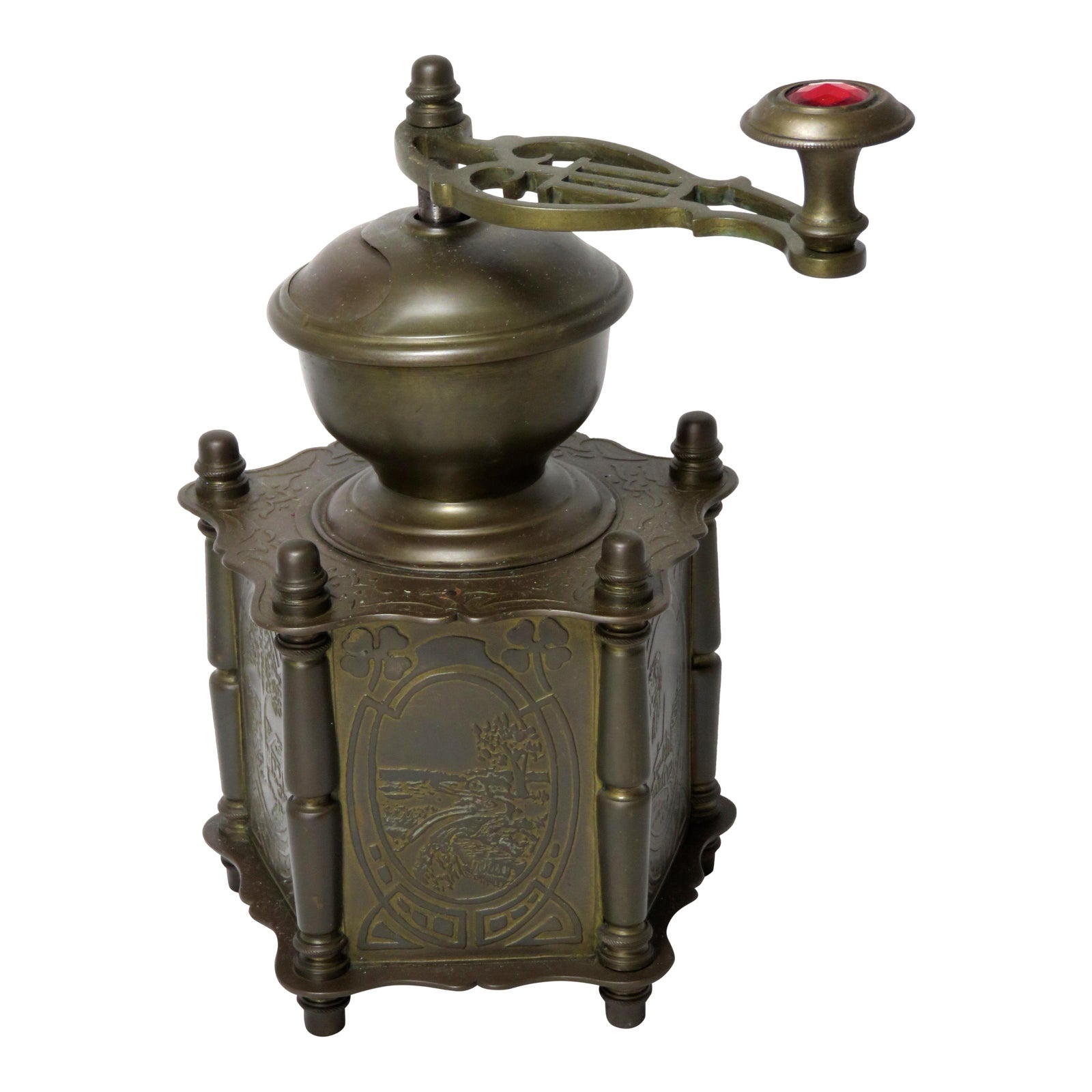 Fancy Antique Scenic Embossed Brass & Jeweled Coffee Grinder Chairish