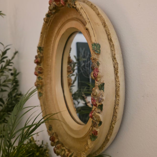 Farmhouse Vintage Florentine Polychrome Oval Mirror With Fruit & Leaf Gesso Frame Tuscan Farmhouse Style For Sale - Image 3 of 5