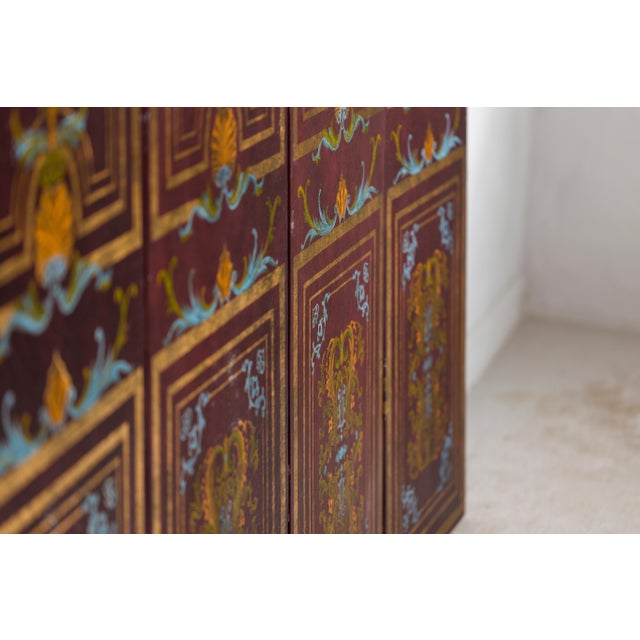Vintage Chinese Four-Panel Painted Screen in Dark Red Brown Finish For Sale - Image 9 of 10