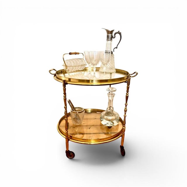 Brass Round Serving Trolley with Smoked Glass Shelves and Removable Tray, 1960s For Sale - Image 9 of 9