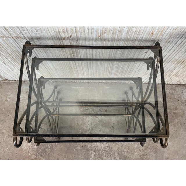 Mid 20th Century Midcentury Scrolling Iron Patio Nesting Side Tables with Glass Tops, Set of 3 For Sale - Image 14 of 18