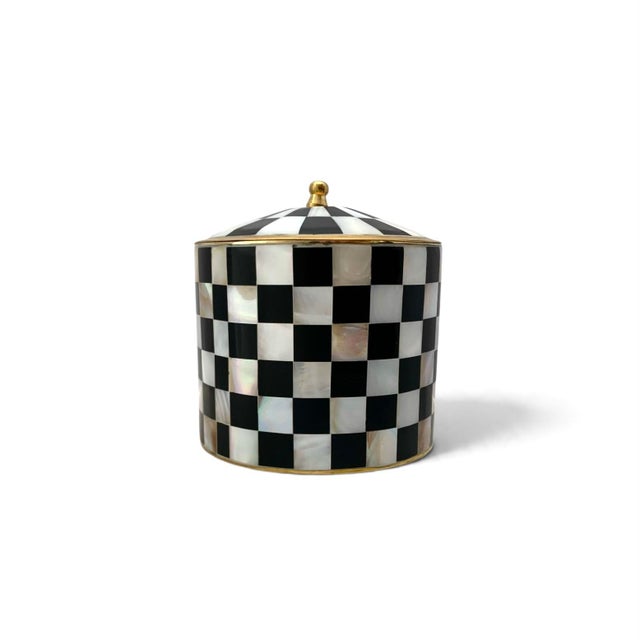 Hollywood Regency Early 21st Century Moroccan Hollywood Regency Checkered Mother-of-Pearl & Brass Lidded Vanity Jar For Sale - Image 3 of 8