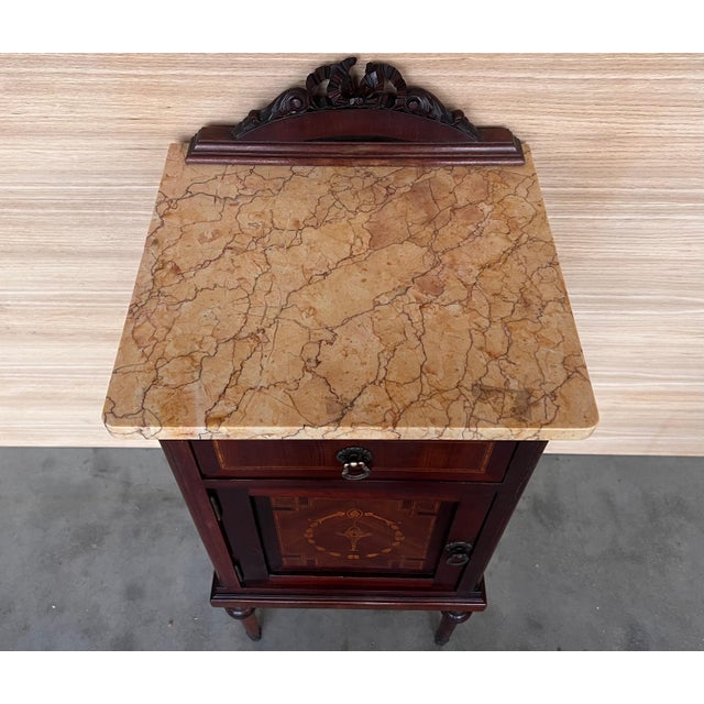 Late 19th Century 20th Century Pair of Louis XVI Style Marble-Top, Bronze and Walnut Nightstands For Sale - Image 5 of 18