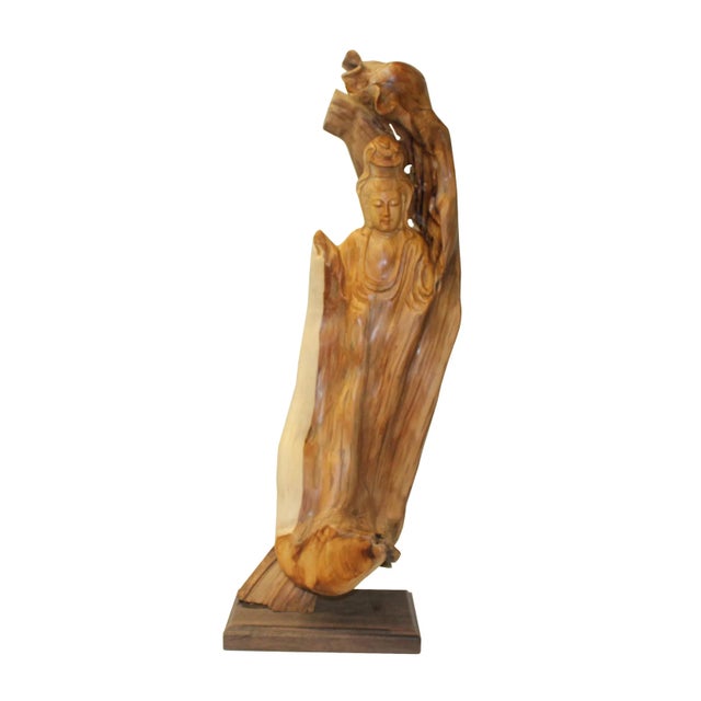 Wood Chinese Cypress Wood Carved Bodhisattva Kwan Yin Tara Statue For Sale - Image 7 of 7