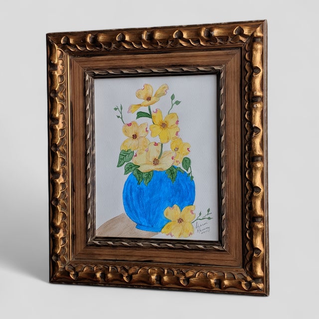 Paper Original Still Life Dogwood Flowers in a Vase Watercolor Painting Framed For Sale - Image 7 of 10