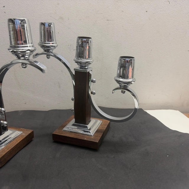 Silver A Pair of 1940s Art Deco Fruit Wood and Chromed Metal French Candelabras For Sale - Image 8 of 10