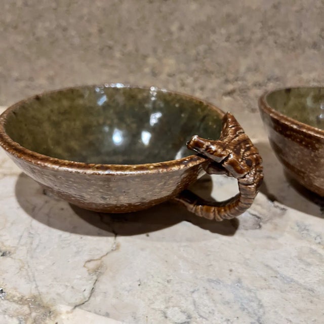 AMBIANIC presents 1980 Set of Two Sculptural Brown Cups Abstract Art Pottery Signed Melching 2 tall x 4.5 w x 5.38 d...