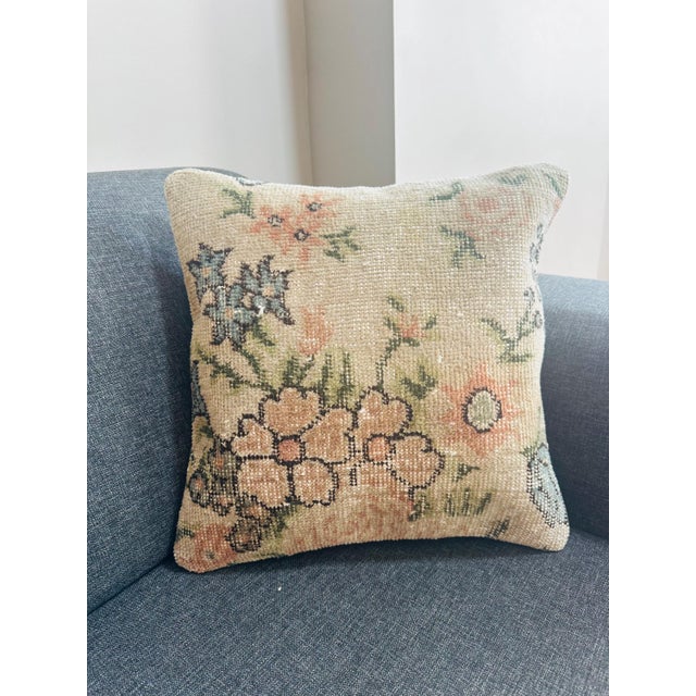 1970s Vintage Turkish Rug Pillow Cover, Handwoven Wool Isparta Floral Cushion, Romantic Peach Sage Dusty Blue Boho Pillow, 16x16 In For Sale - Image 5 of 12
