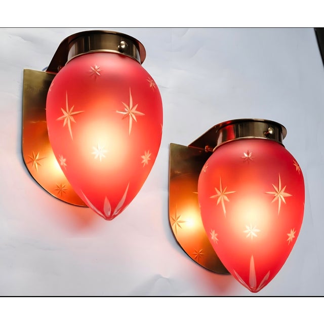Pair Vintage Art deco light Old Lamp Wall Sconces Fixture Brass & Star Red Glass Shade Ship Light Lamp Excellent Working...