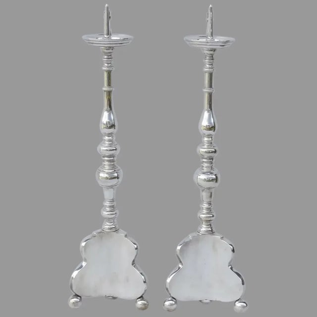 19th Century European Bronze Silver Plated Pricket Sticks Ball feet - A Pair For Sale - Image 13 of 13