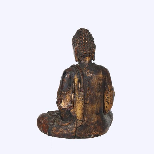 Oversized Antique Ebonized, Gilt & Vermillion Carved Wood Seated Buddha 19thC For Sale - Image 6 of 6