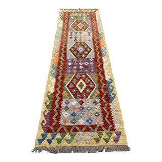 Vibrant Hand-Woven Kilim Runner Rug With Geometric Patterns For Sale