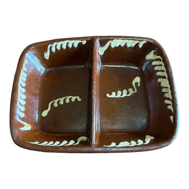 Antique English Slipware Decorated Redware Divided Dish, 19th Century For Sale