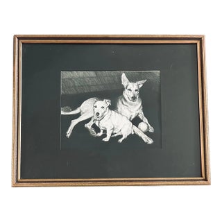 Vintage Original Framed Drawing of Two Dogs German Shepherd For Sale