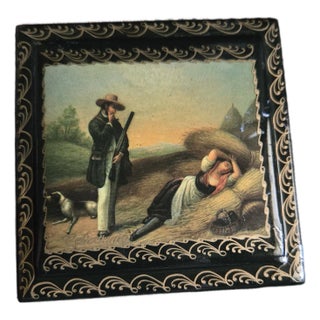 Vintage Hand-Painted Fedoskino Lacquer Trinket Box – Rural Genre Scene (2004) For Sale