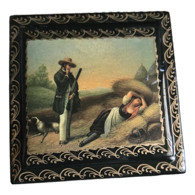 Vintage Hand-Painted Fedoskino Lacquer Trinket Box – Rural Genre Scene (2004) For Sale