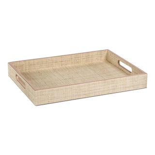 Reggio Natural Fiber Raffia Tray with Leather Trim, Small For Sale