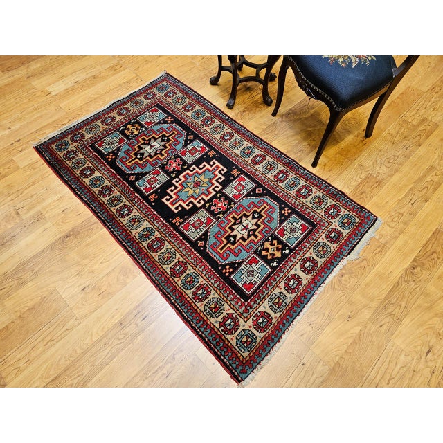 Vintage Persian Kurdish Rug, Hand-Knotted Wool, Geometric Pattern, Navy & Tan, 3x5 For Sale In Chicago - Image 6 of 18