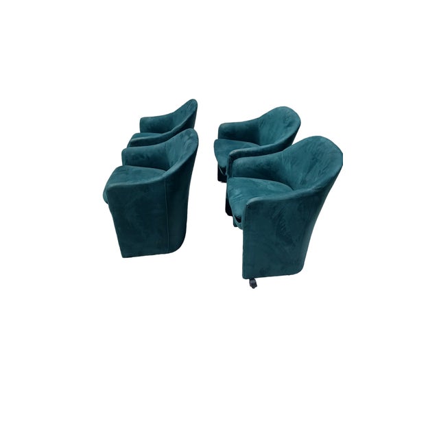 Vintage set of 4 Milo Baughman for Thayer Coghin barrel chairs in emerald green upholstery. Chairs are on casters but...
