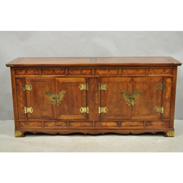 Vintage Henredon Chinoiserie Brass Butterfly Burl Wood Credenza Cabinet Buffet For Sale - Image 16 of 16