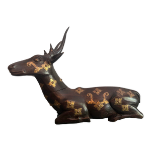 Handmade Vintage Wooden Carved Antelope With Brass Adornment