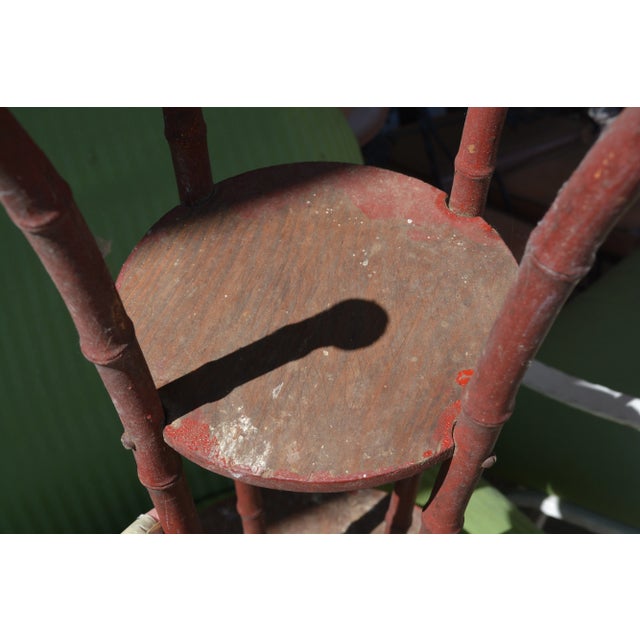 Vintage Oriental Red Round Wooden 2 Tier Bamboo & Wood Table or Plant Stand For Sale - Image 12 of 12