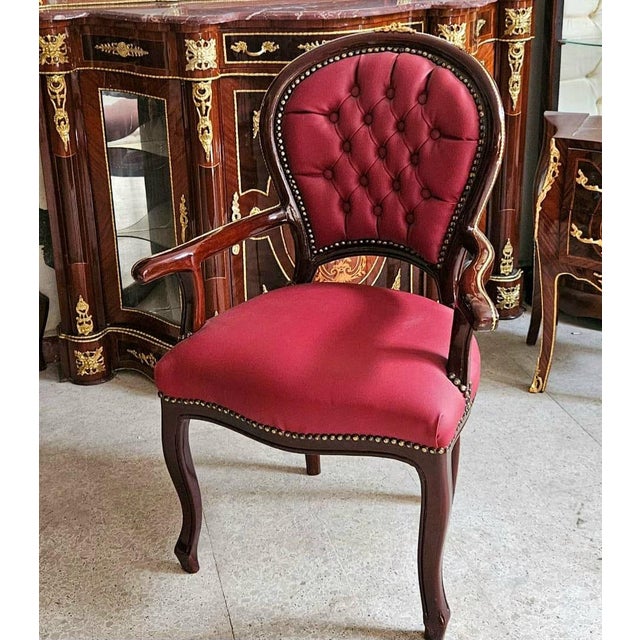 French Burgundy Leather Tufted Armchair – Classic French Style Accent Chair For Sale - Image 3 of 3